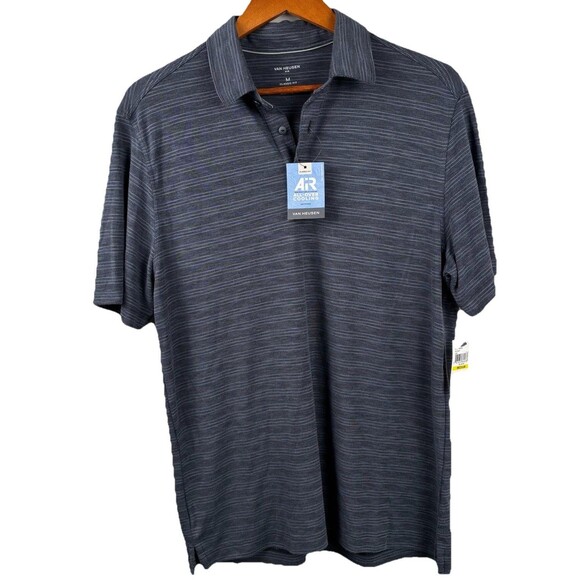 NEW NWT Van Heusen Polo Shirt Medium  AIR Cooling Classic Fit Black Micro Stripe - Picture 2 of 7
